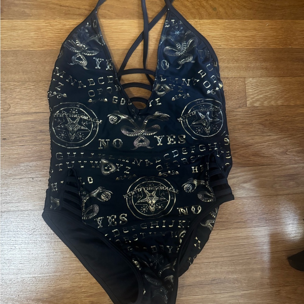 Too Fast Black and Gold Ouija One Piece Swimsuit - Picture 2 of 5